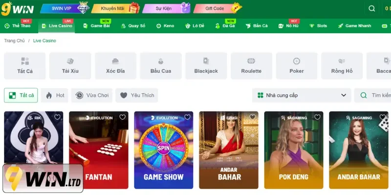 Các trò chơi khác tại sảnh Live Casino 9Win